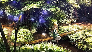 blonde-haired female character sitting on wooden bridge illustration, forest, original characters, barefoot, stream