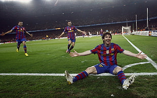 soccer player seating on green grass field, Lionel Messi, FC Barcelona, soccer, sport 