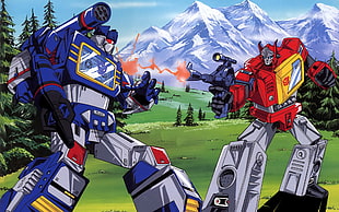 autobots fighting to Decepticon in green forest during daytime HD wallpaper