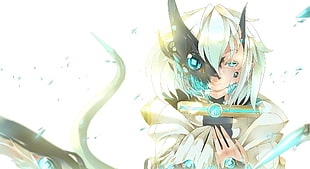 beige haired female anime character digital wallpaper, horns, original characters, tail HD wallpaper