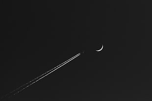 crescent moon, airplane, Moon, minimalism, monochrome