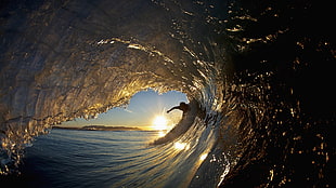 ocean wave, sunset, surfers, waves, surfing HD wallpaper