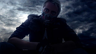 men's black zip-up jacket, apocalyptic, mask, backlighting, photo manipulation