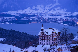 white house, Switzerland, winter HD wallpaper