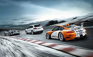 white SUV, car, vehicle, Porsche 911 GT3, Porsche Cayenne