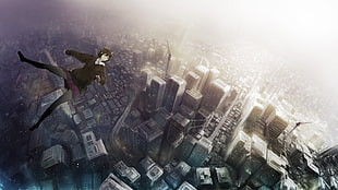 digital wallpaper of black-haired female anime character free falling into high-rise buildings