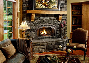 black blocked fireplace and sofa set HD wallpaper