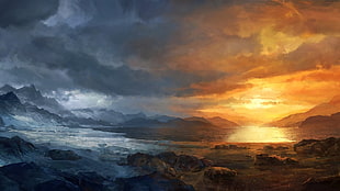 mountains and calm body of water illustration, artwork, sky, clouds, nature