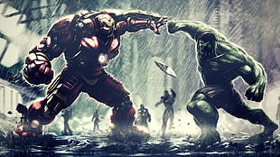 Marvel Iron Man Mark 44 facing Hulk illustration, Iron Man, Hulk, Marvel Cinematic Universe, Marvel Comics