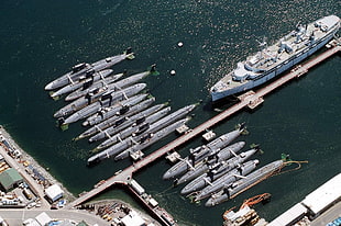 gray submarine lot, submarine, Japan, aerial view, ship