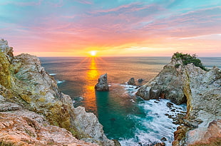 landscape photography of cliff, coast, sunset, Japan, sea HD wallpaper