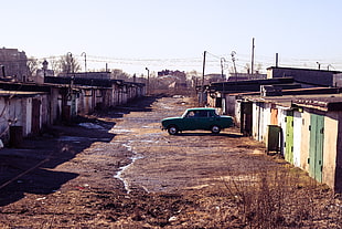 black sedan, Russia, landscape, garages, Moskvich