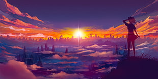 anime character standing on hill during sunrise digital wallpaper, sunset, landscape, purple