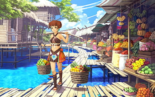 woman wearing brown and white shirt carrying two basket of fruits walking on wooden isle above water anime character