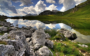 gray rock, nature, lake, reflection, mountains