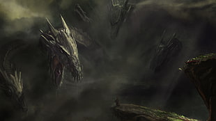 gray dragon digital wallpaper, fantasy art, dragon, creature, hydra HD wallpaper