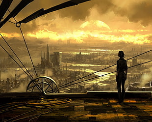 male anime character illustration, fantasy city, fantasy art, cityscape, sunlight HD wallpaper