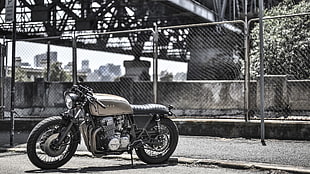black and gray standard motorcycle, Honda, motorcycle, fence, bridge HD wallpaper
