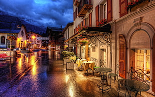 photography of restaurant beside roadway during night time HD wallpaper