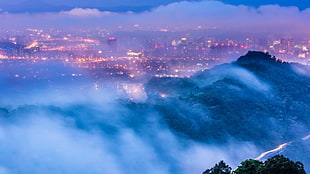 photography of mountain, city, clouds, lights