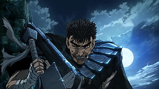 anime man holding sword digital wallpaper, Berserk, Black Swordsman, Guts