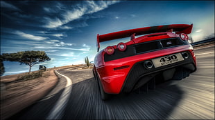 red and black sports car, car, road, motion blur, red cars HD wallpaper