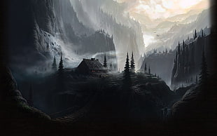 black house surrounded by trees and mountains painting, nature, cabin, mountains, mist