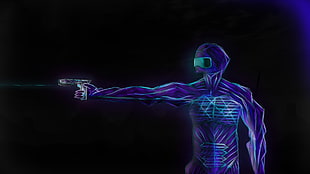 person pointing gun poster, drawing, futuristic armor, neon, soft shading