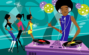 man playing DJ controller near three women dancing illustration HD wallpaper