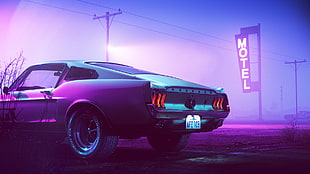 purple and grey Ford Mustang near motel signage digital wallpaper