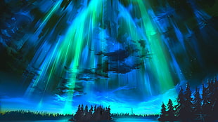 blue and green northern lights, digital art, aurorae, trees