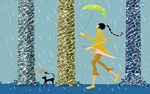 woman holding green umbrella and black cat holding orange umbrella vector illustration