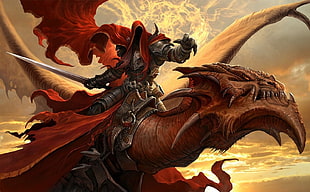 character holding sword riding dragon digital wallpaper, dragon, warrior, sunset, sword