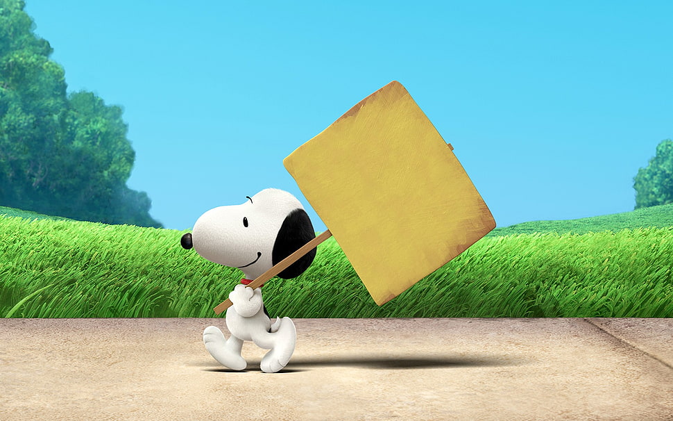 Snoopy carrying signage on road illustration HD wallpaper