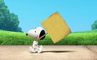 Snoopy carrying signage on road illustration