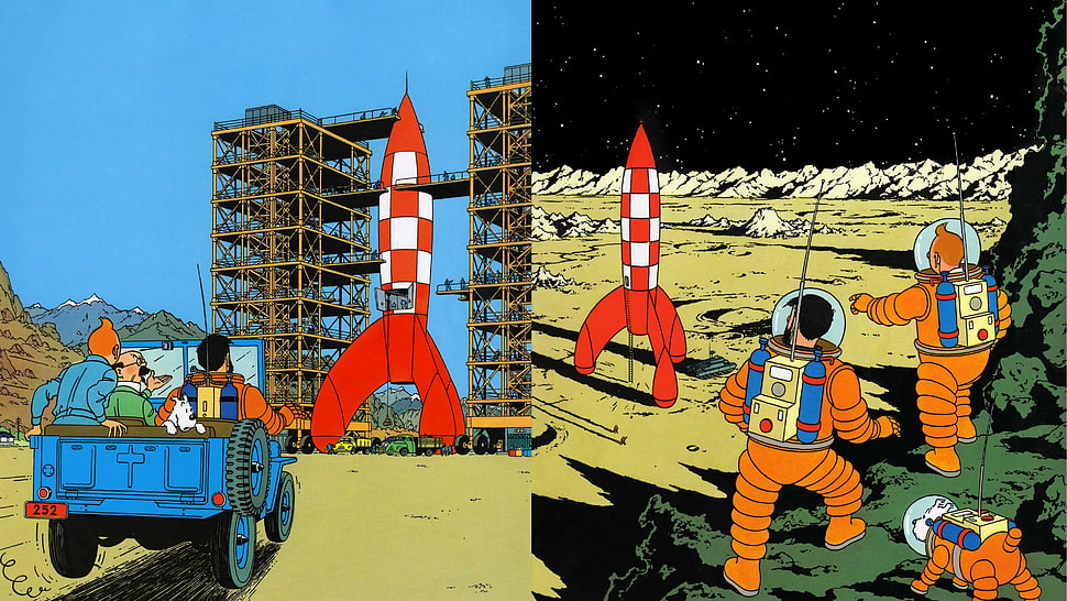 astronaut illustration, Tintin, drawing, rocket, book cover HD wallpaper