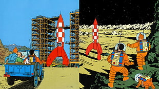 astronaut illustration, Tintin, drawing, rocket, book cover