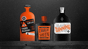 three black and orange bottles, bottles, sign, drawing, Charlie Sheen