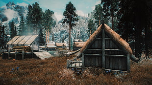 brown wooden barn digital art, The Elder Scrolls V: Skyrim, villages, video games, screen shot