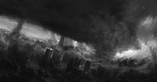 tornado at the city wallpaper, artwork, apocalyptic, monochrome, disaster HD wallpaper