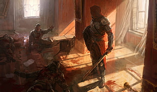 man holding sword while standing inside building painting