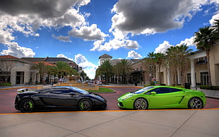 green Lamborghini Gallardo, car, city, sky, clouds