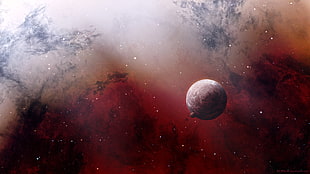 brown planet illustration with red and beige background
