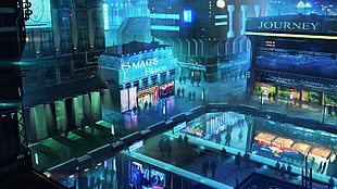 Mao's Place building, futuristic, cityscape, shopping, night