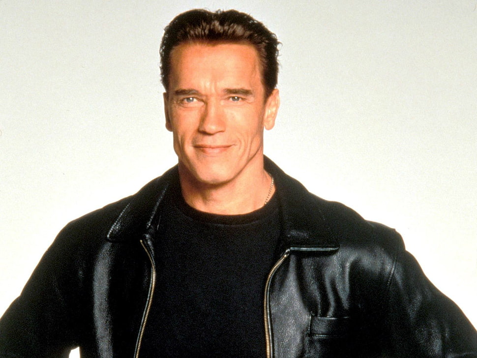 men's black leather jacket, Arnold Schwarzenegger, celebrity, actor, men HD wallpaper
