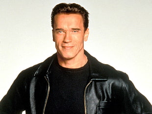 men's black leather jacket, Arnold Schwarzenegger, celebrity, actor, men