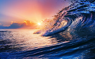 ocean wave, nature, sunset, sea, waves HD wallpaper