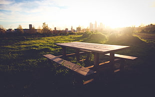 brown wooden picnic table, landscape, bench, table, sunlight