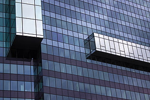 blue and gray city building, simple, modern, reflection, white