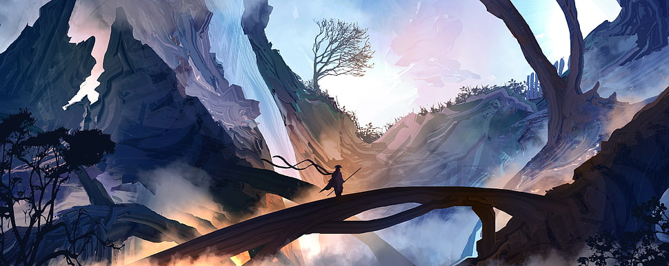 man standing on tree trunk illustration, fantasy art, mountains, mist, samurai HD wallpaper